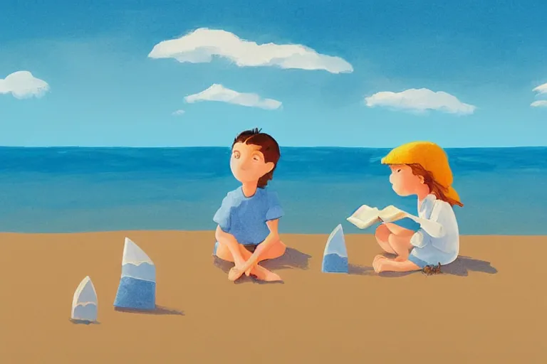 Prompt: Two children sitting on the beach making sandcastles, blue sky, muted colors, artstation, children's book, HD, by Benji Davies