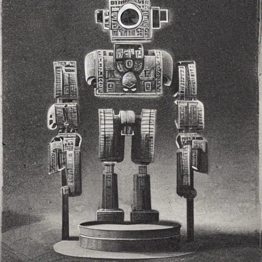 Prompt: a mecha robot inside a Greek temple, Greek temple, Daguerrotype