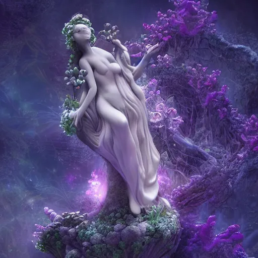 Image similar to glowing delicate flower and mushrooms that grow in a dark fatansy forest on the planet Pandora, an idealistic marble statue with fractal flowery hair in a fractal garden,