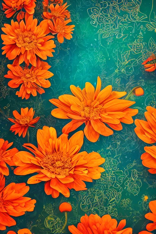 Prompt: beautiful digital matte whimsical painting of whimsical botanical illustration orange and blue flowers enchanted bokeh emerald background, dark contrast by android jones,