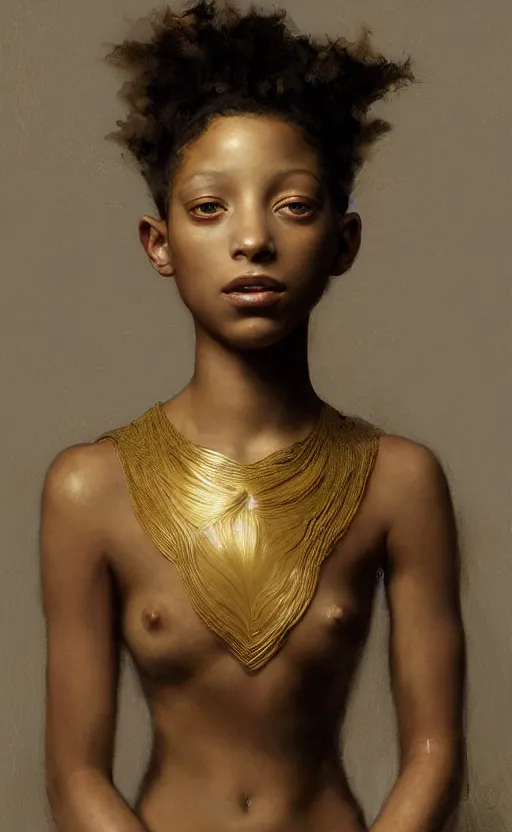 Prompt: portrait willow smith, gold, barechest, intricate, elegant, highly detailed, artstation, concept art, sharp focus, ruan jia, jurgens, orientalism, bouguereau