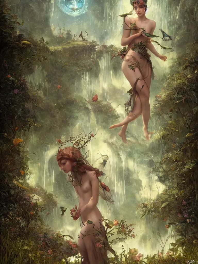 Image similar to a solarpunk very very very beautiful lush landscape of a the most beautiful nymph in a field are of broken stone words, hyperrealistic, award-winning, masterpiece, in the style of Tom Bagshaw, Cedric Peyravernay, Peter Mohrbacher