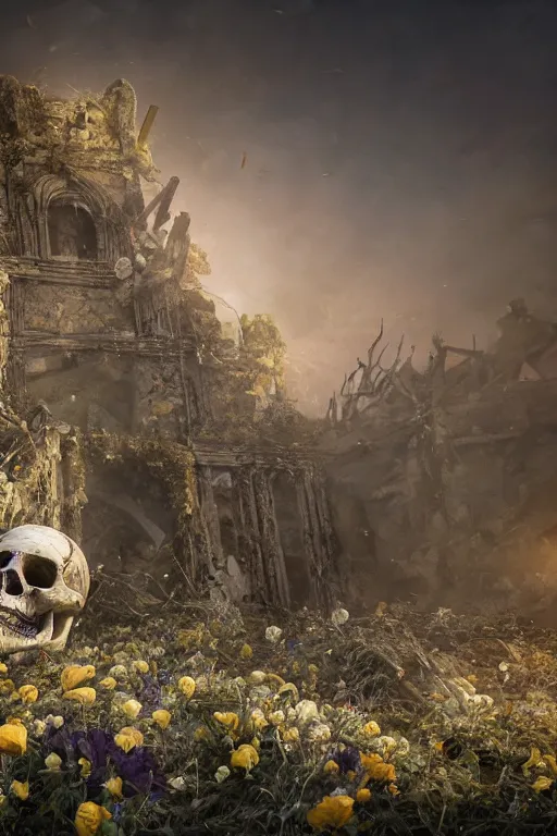 Prompt: a human skeleton full of flowers sitting in a destroyed and ruined throne in a ruined castle at sunrise, concept art, octane render, unreal engine 5, trending on Artstation, high quality, 8K, soft lighting, trending on DeviantArt, highly detailed, digital art, hyperrealistic, path traced, godrays, complementary colors, natural lighting