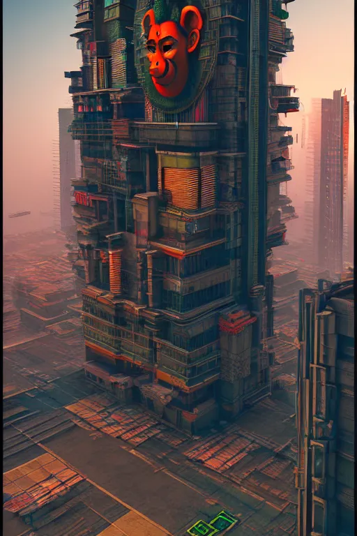 Image similar to high quality 3 d render cyberpunk mumbai!, kalighat hanuman!! head highly detailed, cinematic smooth unreal engine, lee madgwick, hard morning light, long shot, low angle, uhd 8 k, sharp focus