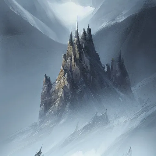 Image similar to an architectural concept of a fantasy tower in the top of a mountain, during winter with snow, trending on artstation, byeytan zana, environmental concept art & design, digital 2 d