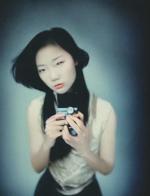 Prompt: polaroid photo with flash, portrait of a asian woman with glossy skin and gel hair in style of matrix, dressed, clothes on, bleached strong lights, kodak film stock, hyper real, stunning moody cinematography, with anamorphic lenses, by maripol, detailed