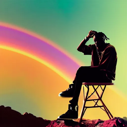 Image similar to Travis Scott sitting on a chair floating over Earth, 4k, Aubrey Powell, vintage photo, lens flare, beautiful cinematography, rainbow surreal, film grain