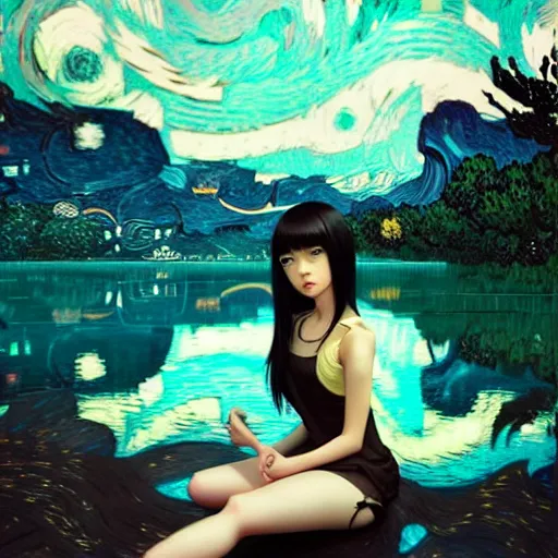 Image similar to very tiny girl by artgerm, green eyes and long black hair by ilya kuvshinov, sitting in a crystal clear lake painted by van gogh, rtx reflections, octane render 1 2 8 k, extreme high intricate details by wlop, digital anime art by ross tran, wide shot, composition by tom bagshaw, lighting by wlop