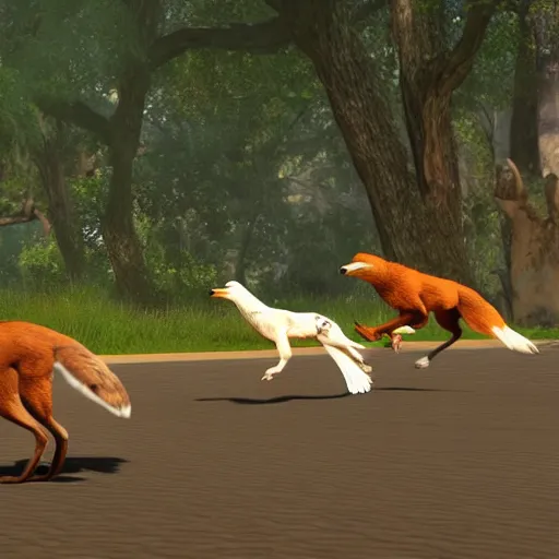 Image similar to Four eagles chasing a fox in a park, photorealistic, unreal engine