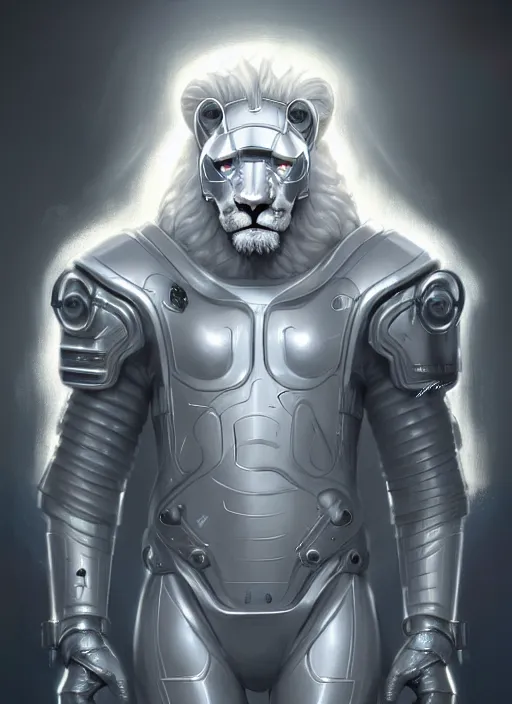 Image similar to an anthromorphic male white lion in a cybersuit, diffuse lighting, fantasy, highly detailed, photorealistic, digital painting, artstation, illustration, concept art, smooth, sharp focus, in the style of tom bagshaw