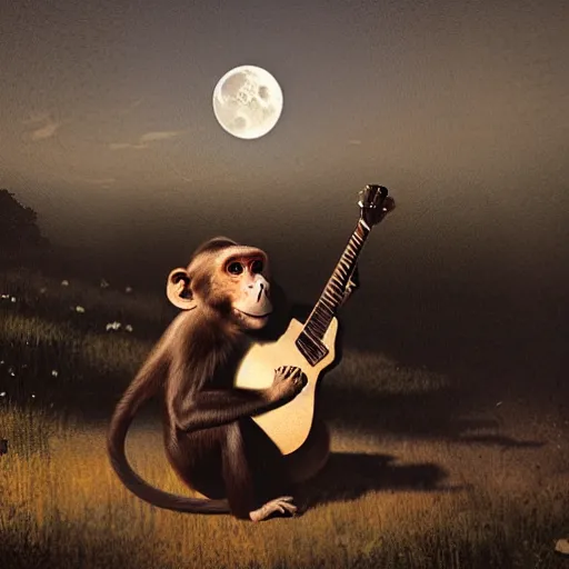 Image similar to monkey playing a guitar at the moon, by greg rutkowski, cinematic, global light, canon