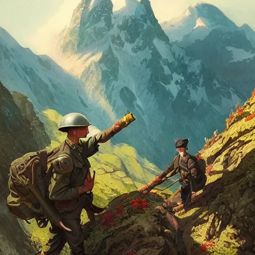 Image similar to highly detailed german ww 2 propaganda!!! nazi poster of german alps, fantasy art by greg rutkowski, loish, rhads, ferdinand knab, makoto shinkai and lois van baarle, ilya kuvshinov, rossdraws, tom bagshaw, global illumination, radiant light, detailed and intricate environment