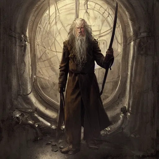 Image similar to gandalf, steampunk, full body, fine details, magic, depth, painted by seb mckinnon, high detail, digital art, painted by greg rutkowski, trending on artstation