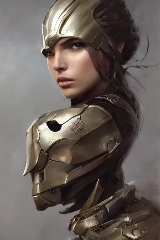 Image similar to a portrait of an attractive young woman, clothed in battle armor, olive skin, long dark hair, beautiful bone structure, symmetrical facial features, intricate, elegant, highly detailed, digital painting, trending on Artstation, concept art, smooth, sharp focus, illustration, from Metal Gear by Ruan Jia and Mandy Jurgens and Artgerm and greg rutkowski and william-adolphe bouguerea, award winning