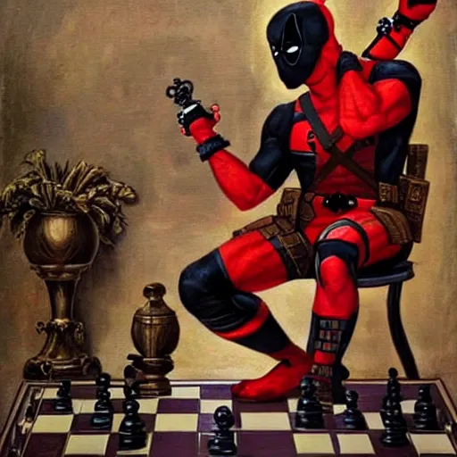 Image similar to deadpool playing chess looking wise, rococo oil painting, highly detailed