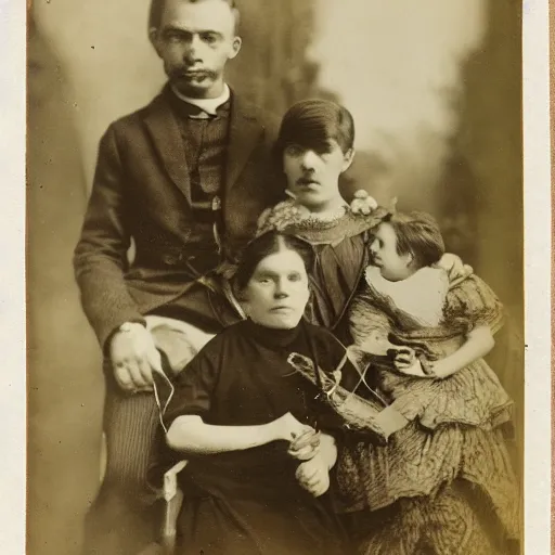 Image similar to daguerrotype of a family with a pet velociraptor 1 9 0 0