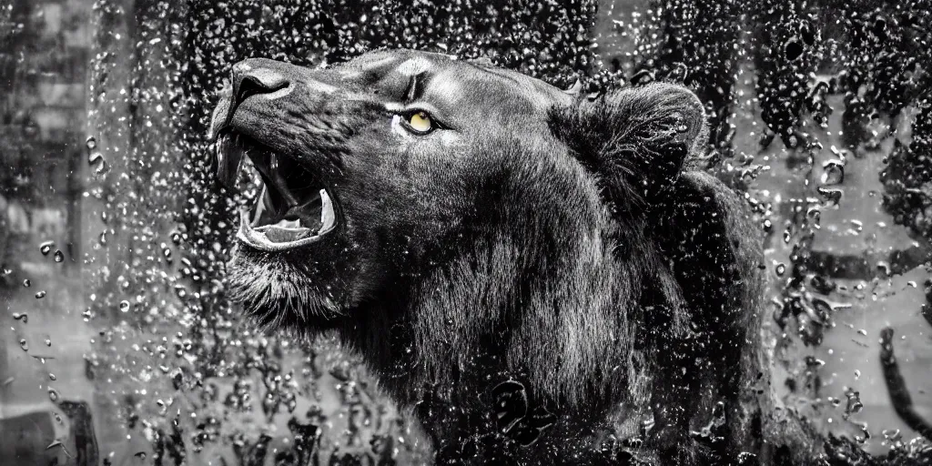 Image similar to the smooth black lioness, made of smooth black goo, in the zoo exhibit, viscous, sticky, full of black goo, covered with black goo, splattered black goo, dripping black goo, dripping goo, splattered goo, sticky black goo. photography, dslr, reflections, black goo, zoo, exhibit