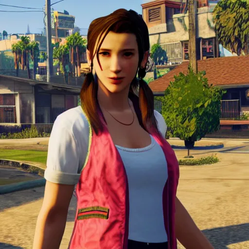 Prompt: Screenshot of Aerith Gainsborough in the game GTA V, highly detailed