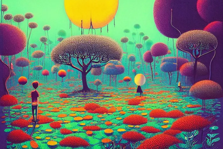 Image similar to surreal glimpse into other universe, kok samui, summer morning, very coherent and colorful high contrast, art by!!!! gediminas pranckevicius!!!!, geof darrow, floralpunk screen printing woodblock, dark shadows, hard lighting, stipple brush technique,