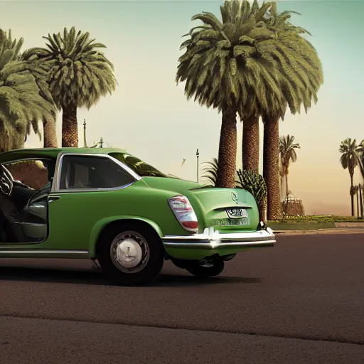 Image similar to frog driving a mercedes in marrakech, palm trees, octane render, unreal engine, hyperdetailed