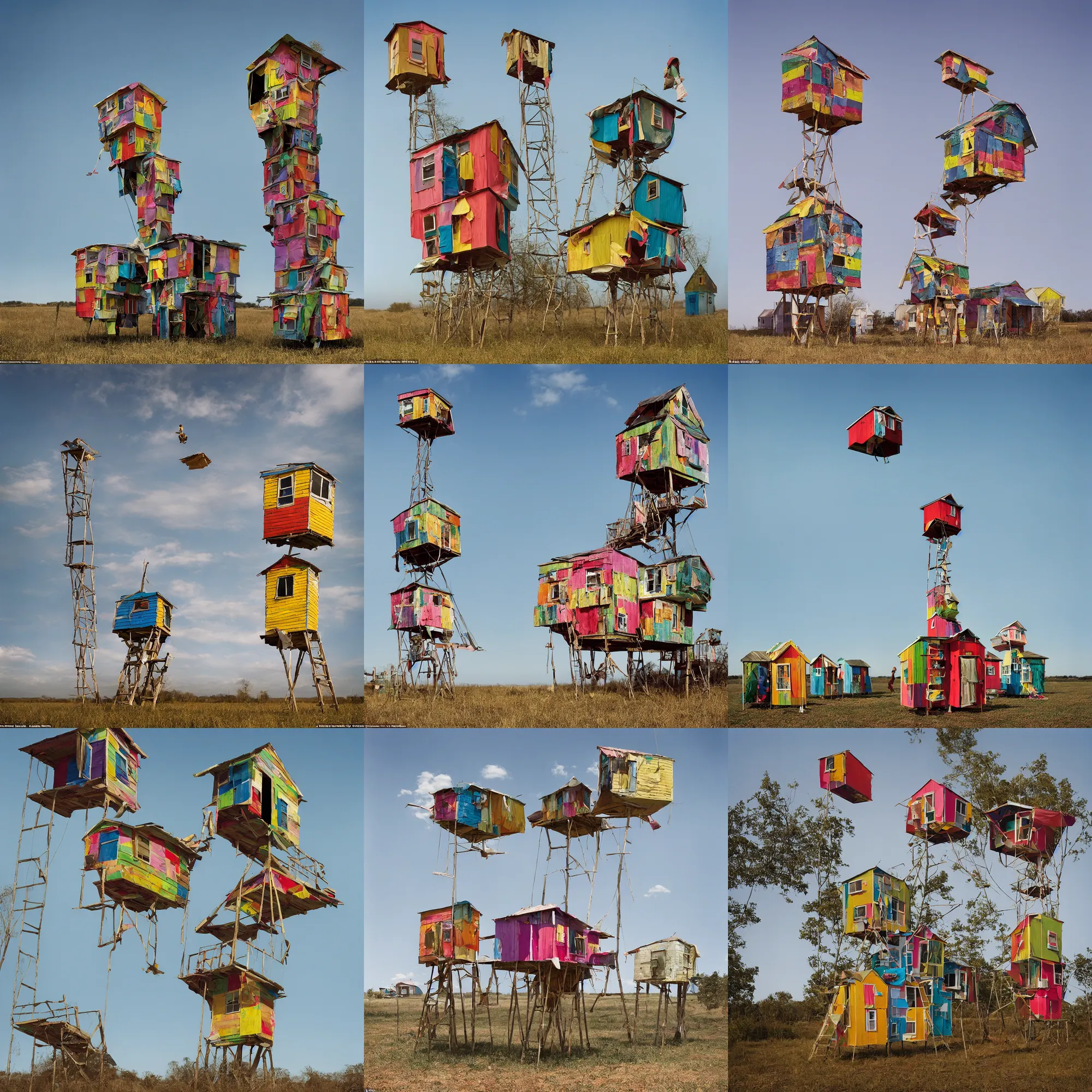 Prompt: a suspending tower made up of colourful makeshift squatter shacks, mamiya, 8 5 mm, f 1. 7, uniform plain sky, photographed by julie blackmon and tim walker