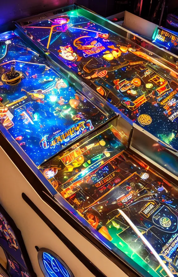 Prompt: Overhead shot of a lit up space-themed retro pinball machine in an arcade, detailed, studio lighting