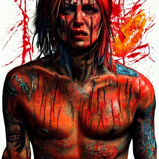 Image similar to Bright, colorful, realistic Serial killer rpg single individual full body and head shot gore covered with scars and tattoos screaming, backlighting, kodachrome, high contrast, highly detailed, sharp focus, digital painting, concept art, illustration, trending on artstation, comic book by Alex Ross cover art