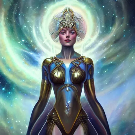 Prompt: a beautiful portrait of a cosmic goddess by Jim Burns and Tom Bagshaw, nebula background, D&D, fantasy, intricate, elegant, highly detailed, digital painting, artstation, concept art, smooth, sharp focus, illustration, art by artgerm