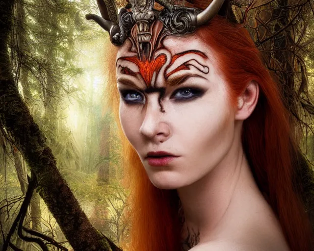 Image similar to 5 5 mm portrait photo of an armored gorgeous anesthetic redhead woman warrior with a face tattoo and horns growing from her head, in a magical forest in the style of stefan kostic, art by luis royo. highly detailed 8 k. intricate. lifelike. soft light. nikon d 8 5 0. cinematic post - processing