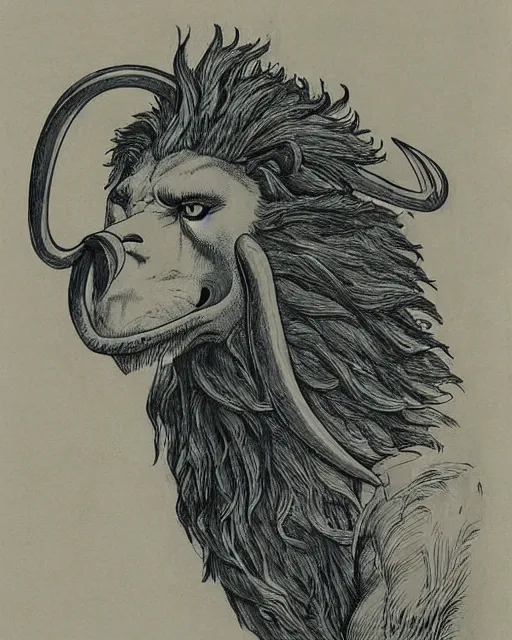 Image similar to a creature with the body and eyes of a man, with the beak of an eagle, the mane of a lion, and the horn of a bull. drawn by moebius