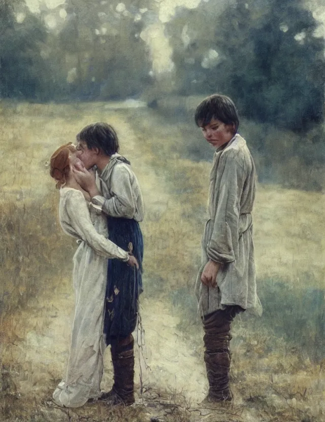 Image similar to peasant boy and girl first kiss, on a village, Cinematic focus, Polaroid photo, vintage, neutral colors, soft lights, foggy, by Steve Hanks, by Serov Valentin, by lisa yuskavage, by Andrei Tarkovsky oil on canvas