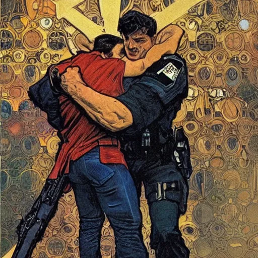 Image similar to The punisher putting a cop in a headlock. Concept art by James Gurney, Alphonso Mucha. Vivid color scheme.