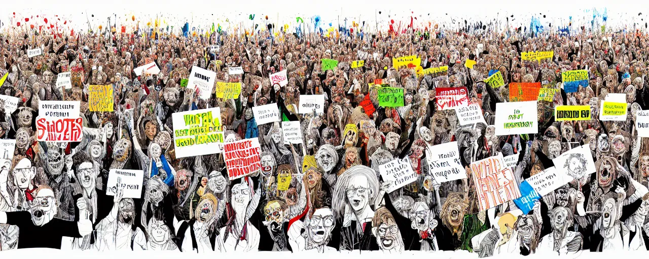 Image similar to an illustration of a crowd of very ordinary protestors with signs, front angle, by ralph steadman, illustration, ink splatters, pen and ink, flat color, colorful drawing, facing front, anatomically correct, beautiful perfect face, sharp focus, highly detailed, cinematic lighting, 8 k, hd