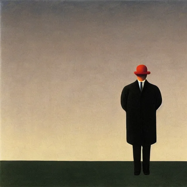 Prompt: faceless man in a nameless city, loneliness, isolation, alienation by rene magritte, in the style of magritte