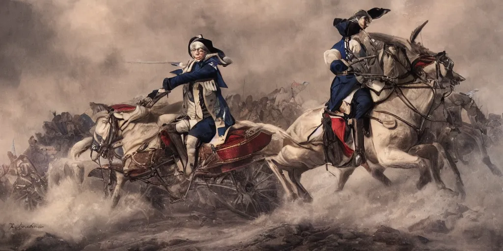 Image similar to George Washington rides a motorcycle to attack the British army in the revolutionary war, epic, cinematic, concept Art, detailed, 4K