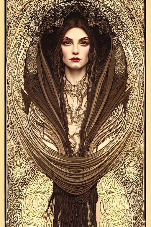 Prompt: high priestess, intricate, elegant, highly detailed, concept art, sharp focus, beautiful face!!, digital art, smooth defined outlines!!, human anatomy, human structure, vector background, art nouveau vector background, by Brom, trending on Artstation, Alphonse Mucha, Tom Bagshaw, Sargent