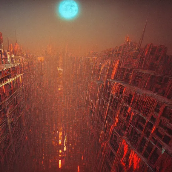 Image similar to futuristic megacity, midnight colors, nightmare horrorcore landscape, acid metal deep colors!, a photograph taken by beksinski gammell giger matte painting unreal engine