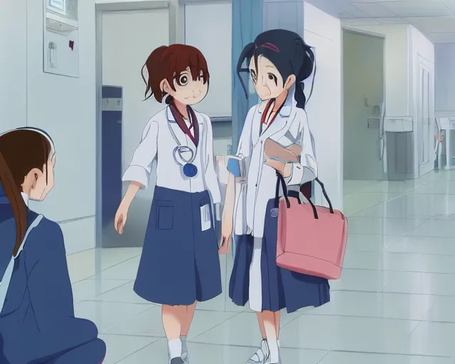 Prompt: a cute young female doctor wearing white coat are talking to a little girl with a blue shirt in a hospital, slice of life anime, vivid, anime scenery by Makoto shinkai