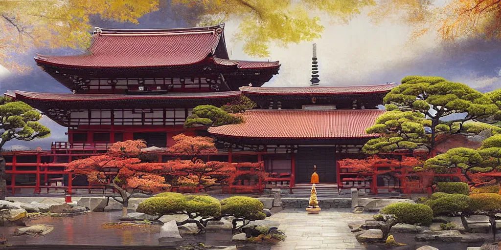 Prompt: a japanese buddhist temple. a fantasy digital painting by richard schmid