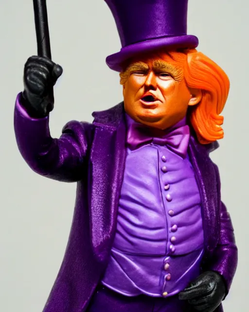 Prompt: maquette sculpture of donald trump as willy wonka, he is wearing a victorian era purple jacket and pants, and a velvet purple top hat over his long orange hair. he is holding a candy cane colored cane. his skin is an orange color like an oompa loompa. in the style of sideshow collectibles, highly detailed sculpture