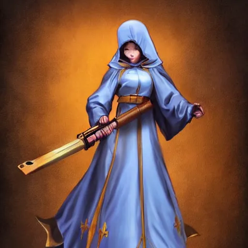 Prompt: female full body demon nun holding fantasy gun concept art, light blue cleric robe with golden embroidery, nun veil cover with horns on top, dark fantasy game character design concept, in shoo art, miukumauk art, loputyn, billelis, srasa