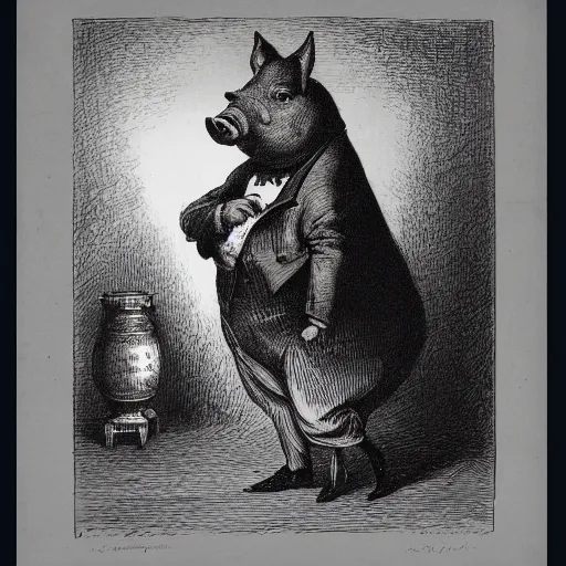 Prompt: a pig in a tuxedo, chiaroscuro, illustration by Gustave Doré,