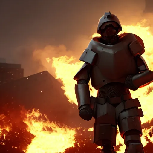 Image similar to Heavily armored soldier with a shield riding a hoverboard with several buildings on fire behind him, cinematic lighting, highly detailed, 8k octane render