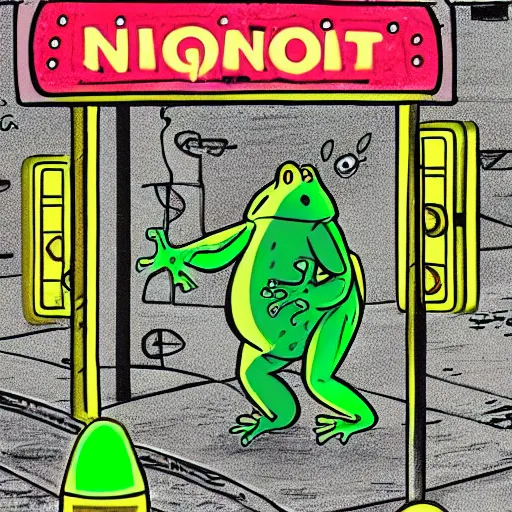 Prompt: an anthromorphic bipedal frog, dressed in a trenchcoat, walking through neon - illuminated city streets at night.