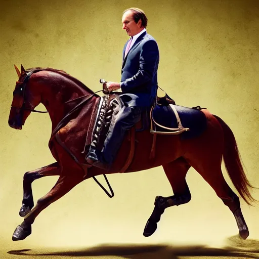 Image similar to saul goodman riding a horse while holding a sword, photograph, high rated, realistic, award winning