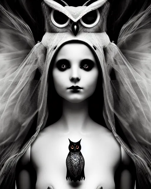 Image similar to surreal mythical dreamy dark artistic black and white fine art 3 / 4 fashion portrait photo of a young beautiful delicate female robot - witch - owl with orchid - doll face, rim light, cinematic, studio dramatic light, poetic, masterpiece, octane render, 8 k, photo - realistic by gustave dore hg giger