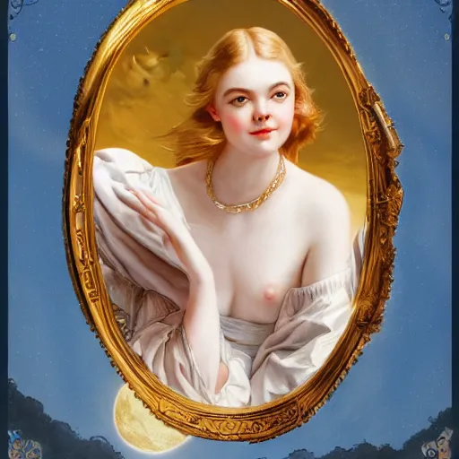 Image similar to Elle Fanning in front of the moon, on a boat, artstation, by J. C. Leyendecker and Peter Paul Rubens,