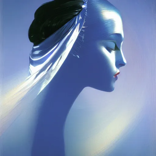 Image similar to a chrome woman's face in flowing sheets of cobalt blue gold chrome silver satin, by moebius syd mead roger dean wojciech siudmak donato giancola yoshitaka amano ivan aivazovsky jan de heem pieter claesz paul delaroche alma tadema aelbert cuyp willem claesz, hyperrealistic volumetric light render