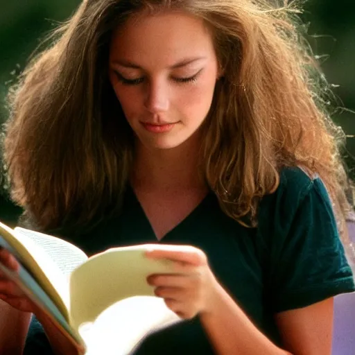 Image similar to a girl reading a book, hair flowing down, by jeff bridges