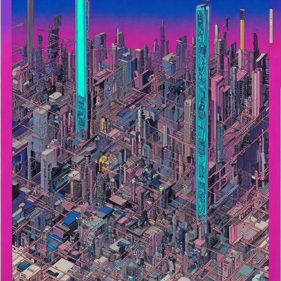 Image similar to ( ( ( ( cyberpunk city ) ) ) ) by mœbius!!!!!!!!!!!!!!!!!!!!!!!!!!!, overdetailed art, colorful, artistic record jacket design